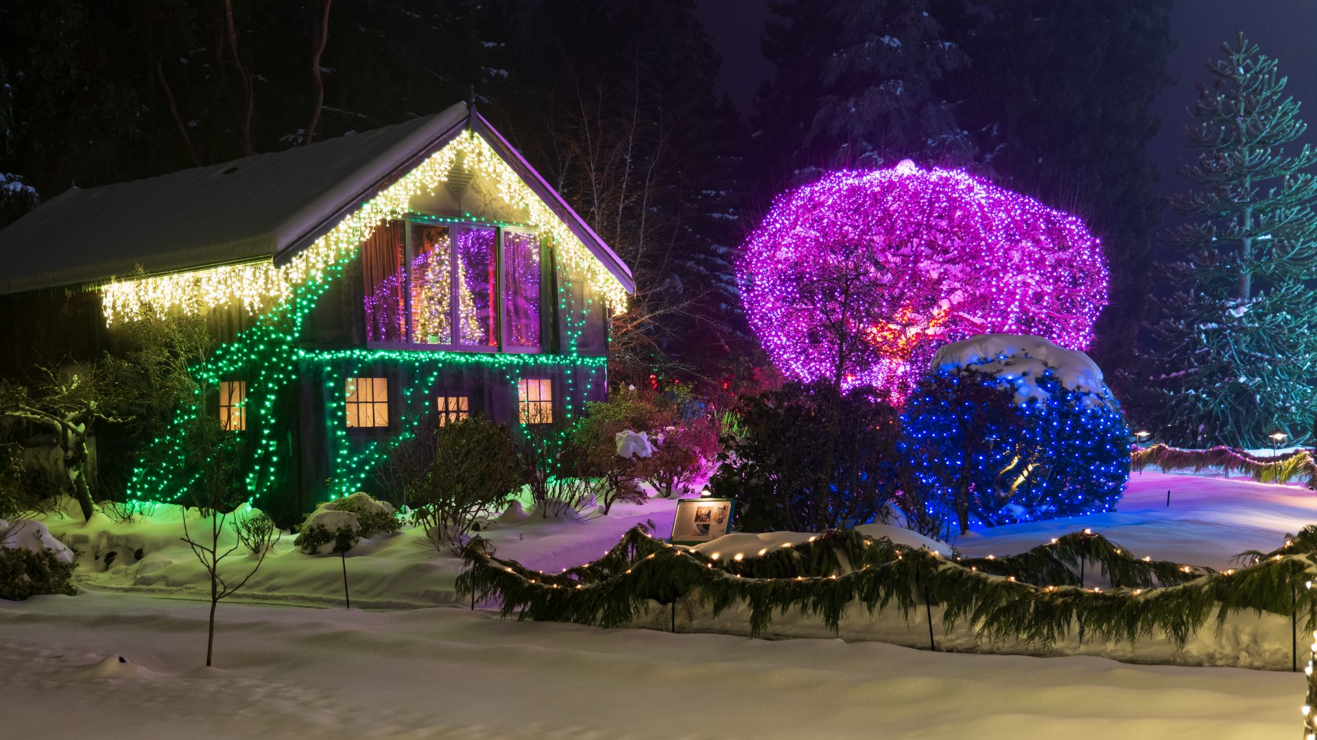 A Kansas City home glowing with professionally installed Christmas lights at night